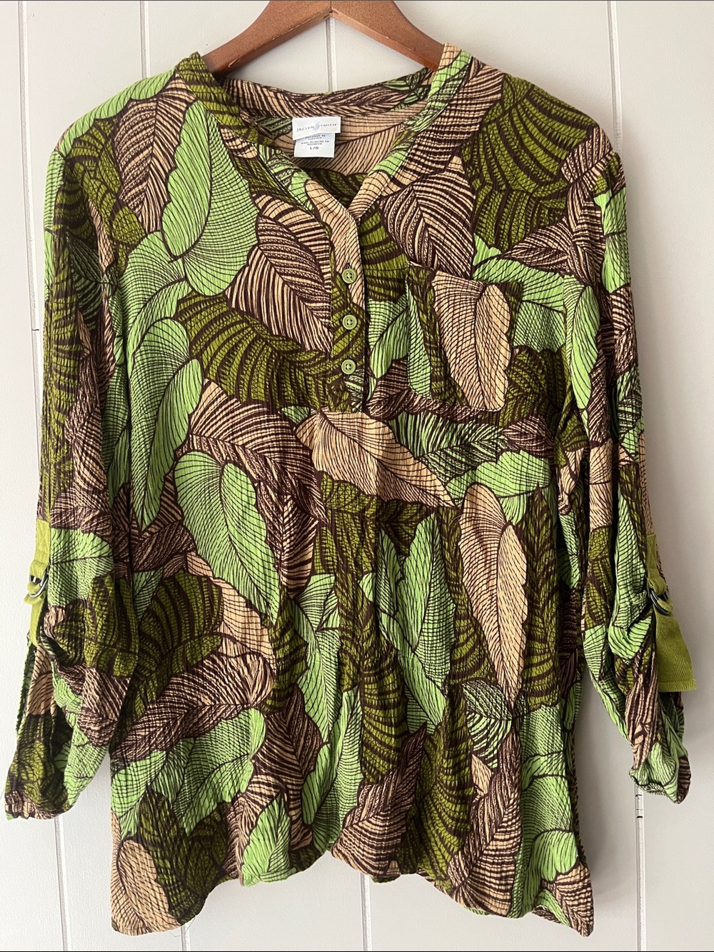 SMITH Leaf-Print Green & Brown Tunic Top